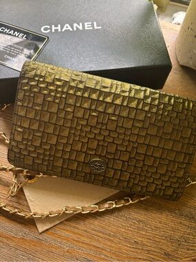 CHANEL Metallic Bronze Mosaic Tile Texture Wallet w/ Box & Crossbody Chain RARE